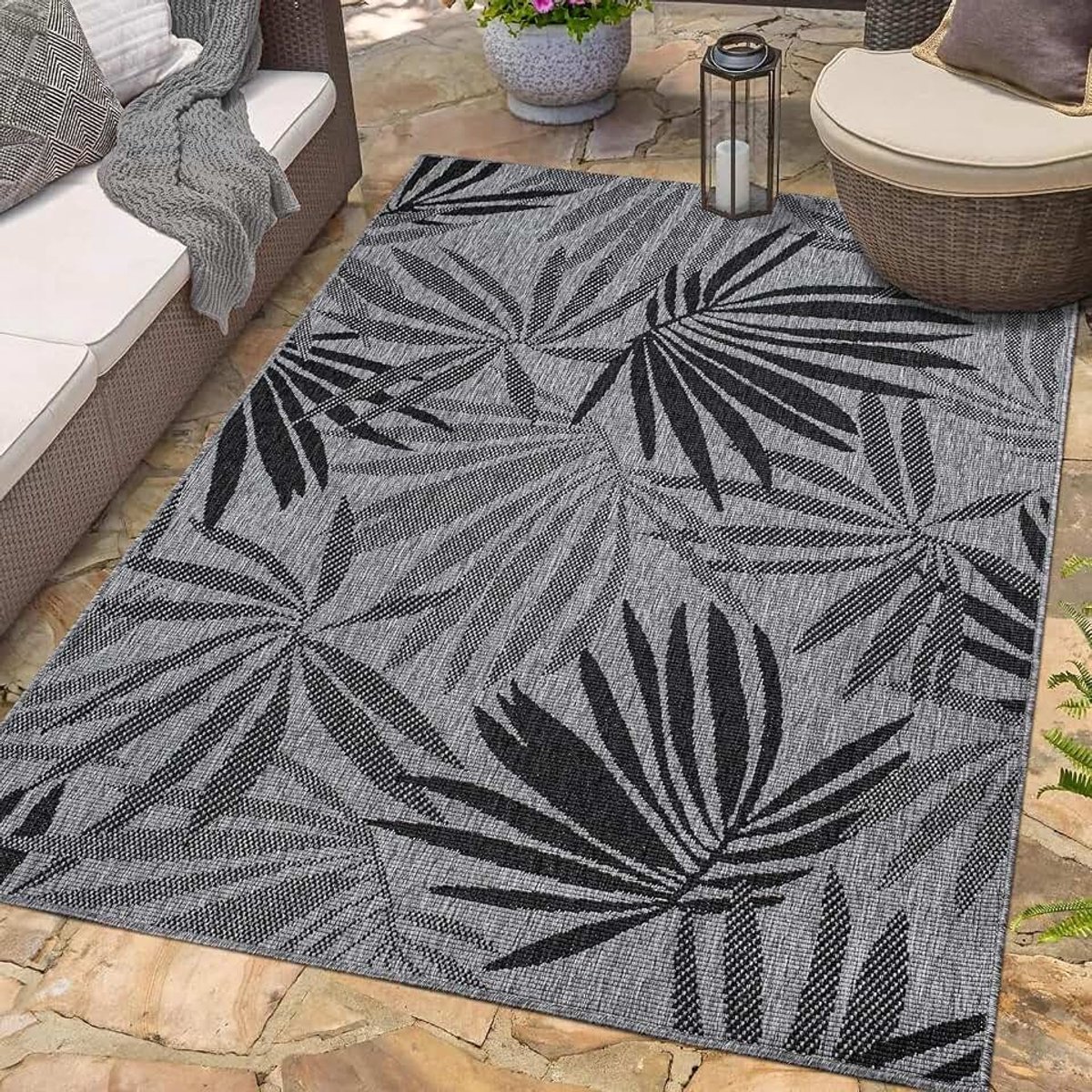 Carpet city Indoor en outdoor tapijt antraciet grijs - omkeerbaar tapijt - 120x170 cm - bloemenpatroon - weerbestendig voor balkon terras - moderne tapijten voor binnen woonkamer keuken