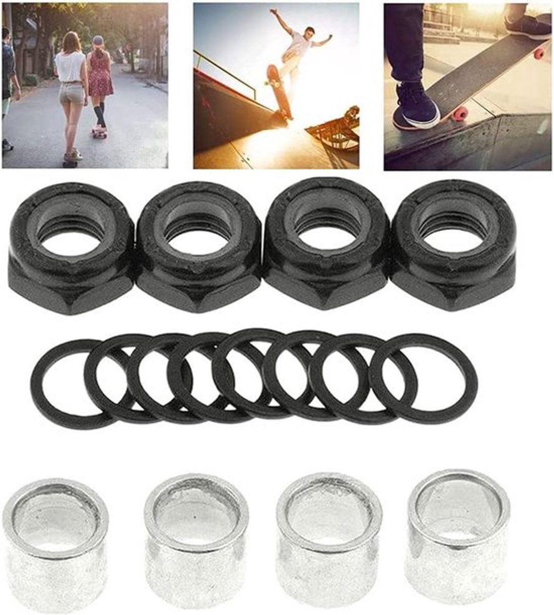 Skateboard Truck Speed Kit - Wasmachines - Moeren - Spacers - Lager Prestaties - Mannen Vrouwen - Outdoor Skateboarding - Geschikt voor Alle Skateboards - Zwart - 2 Sets.