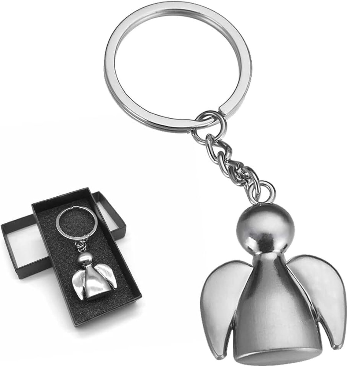 Zilveren beschermengel sleutelhanger, kleine sleutelhanger van zinklegering, creatieve keeper, geluksbrenger voor vrienden, nieuwe bestuurder met geschenkdoos, Zilver, Eén maat