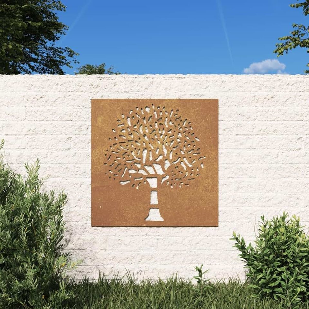 Tuinwanddecoratie 55x55 cm Cortenstaal boomontwerp, wanddecoratie silhouet kunst als cadeau, cadeau voor buiten, tuin, woondecoratie 634