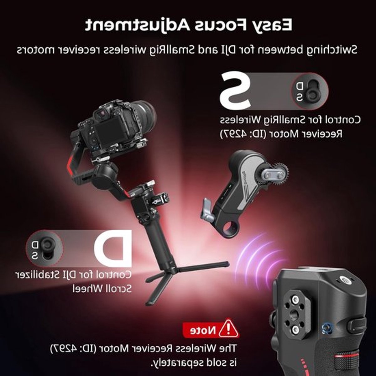 Handgreep met Follow Focus voor DJI RS 2, RS 3 Pro, RS 4 en RS 4 Pro Gimbal Stabilizer, 1/4"-20 Bevestigingsgaten, Koud Shoe Bevestiging, Max. Belastbaarheid 2 kg, Professionele Videografie Accessoires