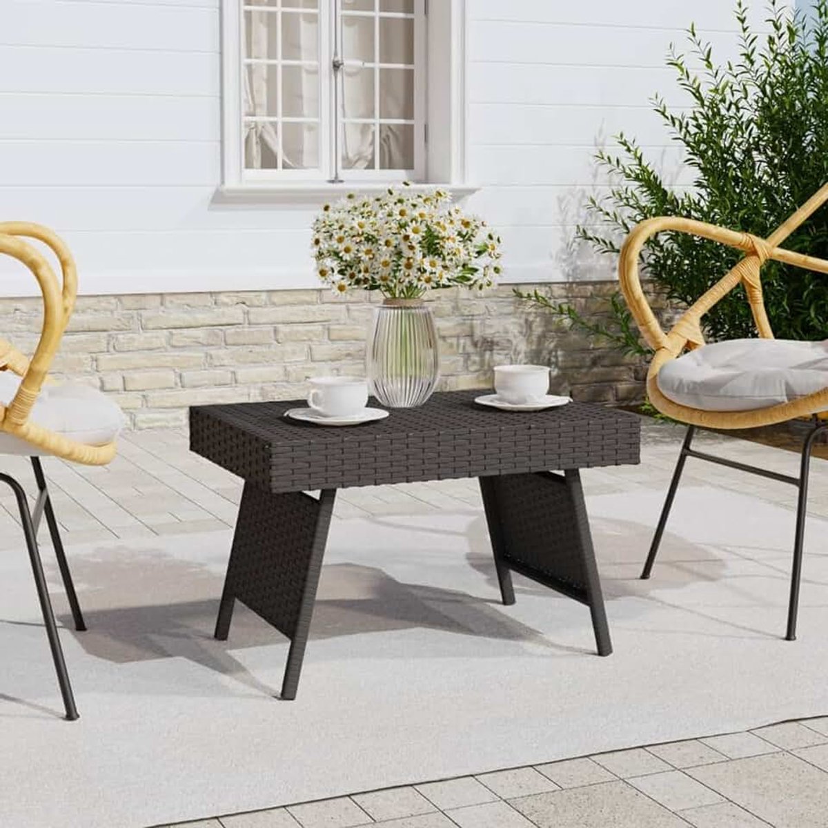 Bijzettafel, inklapbaar, salontafel, koffietafel, woonkamertafel, moderne theetafel voor werkkamer, kantoor, woonkamer, zwart, 60 x 40 x 38 cm, polyrotan