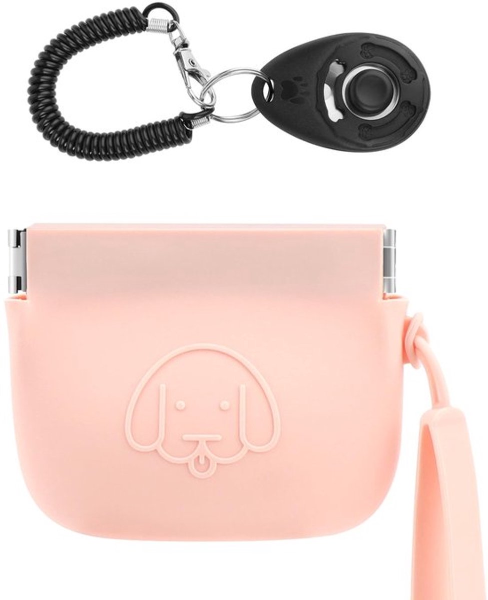 Siliconen tas voor hondensnoepjes, automatische sluiting, met clickers voor hondentraining, wandelen voor honden en katten, zakformaat, gemakkelijk te reinigen, reistas (roze)