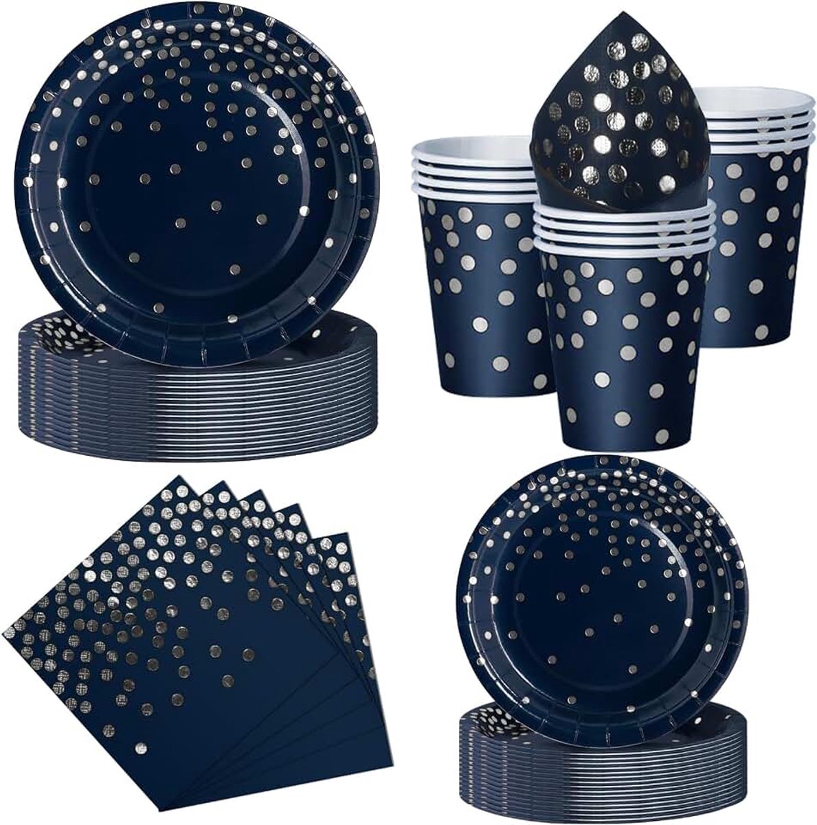 Feest Servies, 50 Stuks Donkerblauw en Zilver Papieren Borden Kinderfeestje Set met Wegwerp Papieren Borden, Servetten & Bekers voor Verjaardagen, Barbecues, Picknicks en Feesten