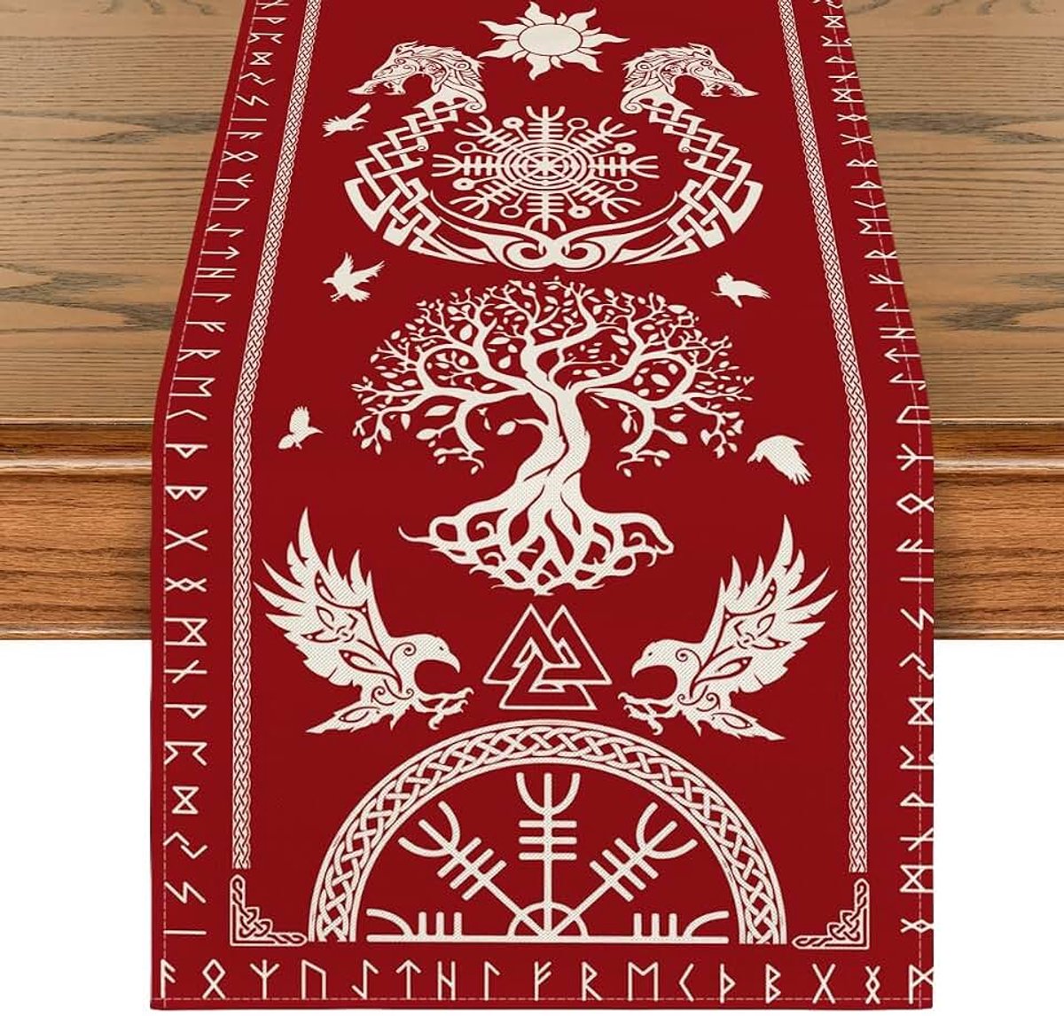 Mode Tafelloper - tafelloper - Vikingboom van het leven, raafhelm, seizoensgebonden tafeldecoratie voor binnen, vakantie, party, 40 x 140 cm