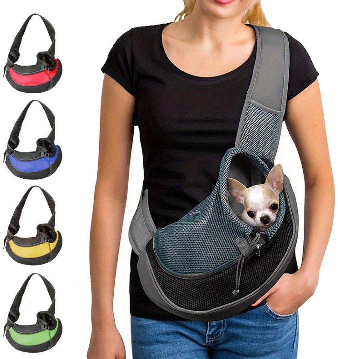 Draagtas voor huisdieren (sling) - Huisdierdrager - Hondendraagzak - Zacht, ademend gaas - Verstelbare schouderriem - Groot - Geschikt voor katten/puppy's tot 4 kg - zwart