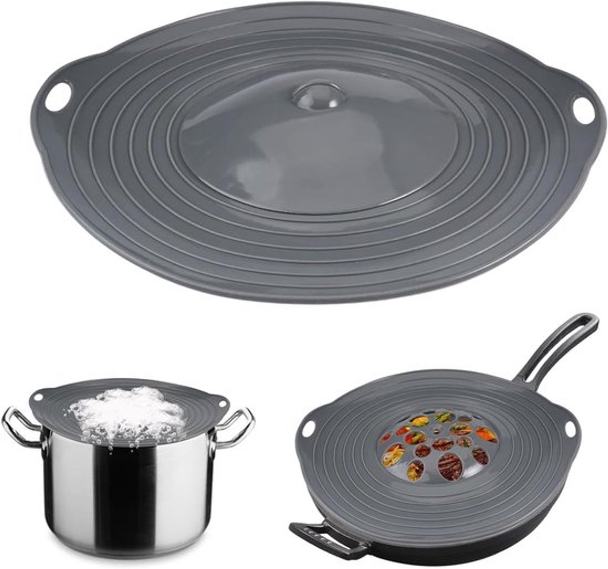 Siliconen overkookbeveiliging en spatdeksel voor pannen - 29 cm - Geschikt voor pannen 15-28 cm - Hittebestendig tot 230°C - Vaatwasserbestendig - Grijs