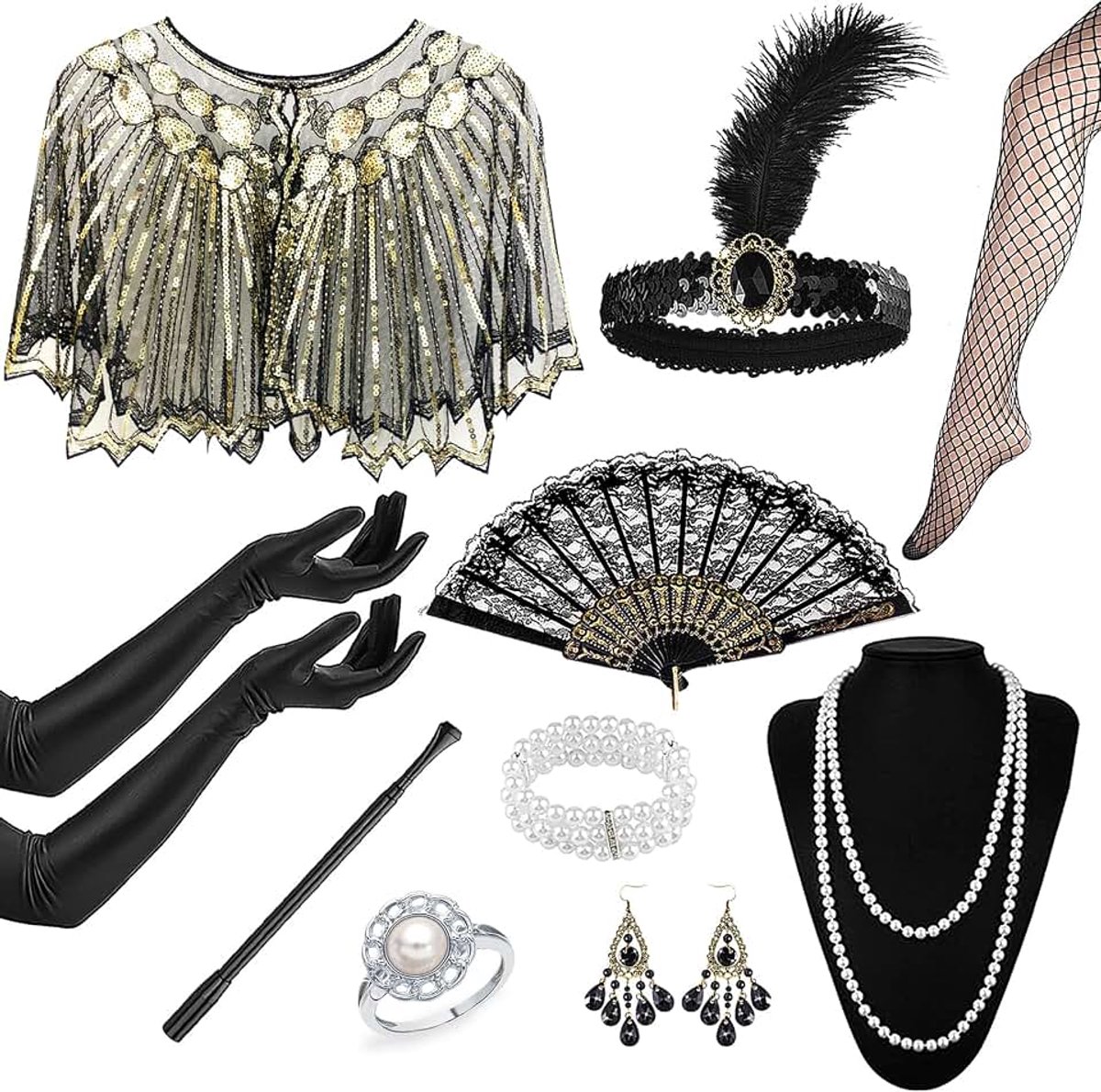 Jaren 20 flapper vintage accessoireset, Great Gatsby-accessoireset, roaring 20-thema-outfit met paillettenfranjes, parelsjaal, hoofddeksel voor dames