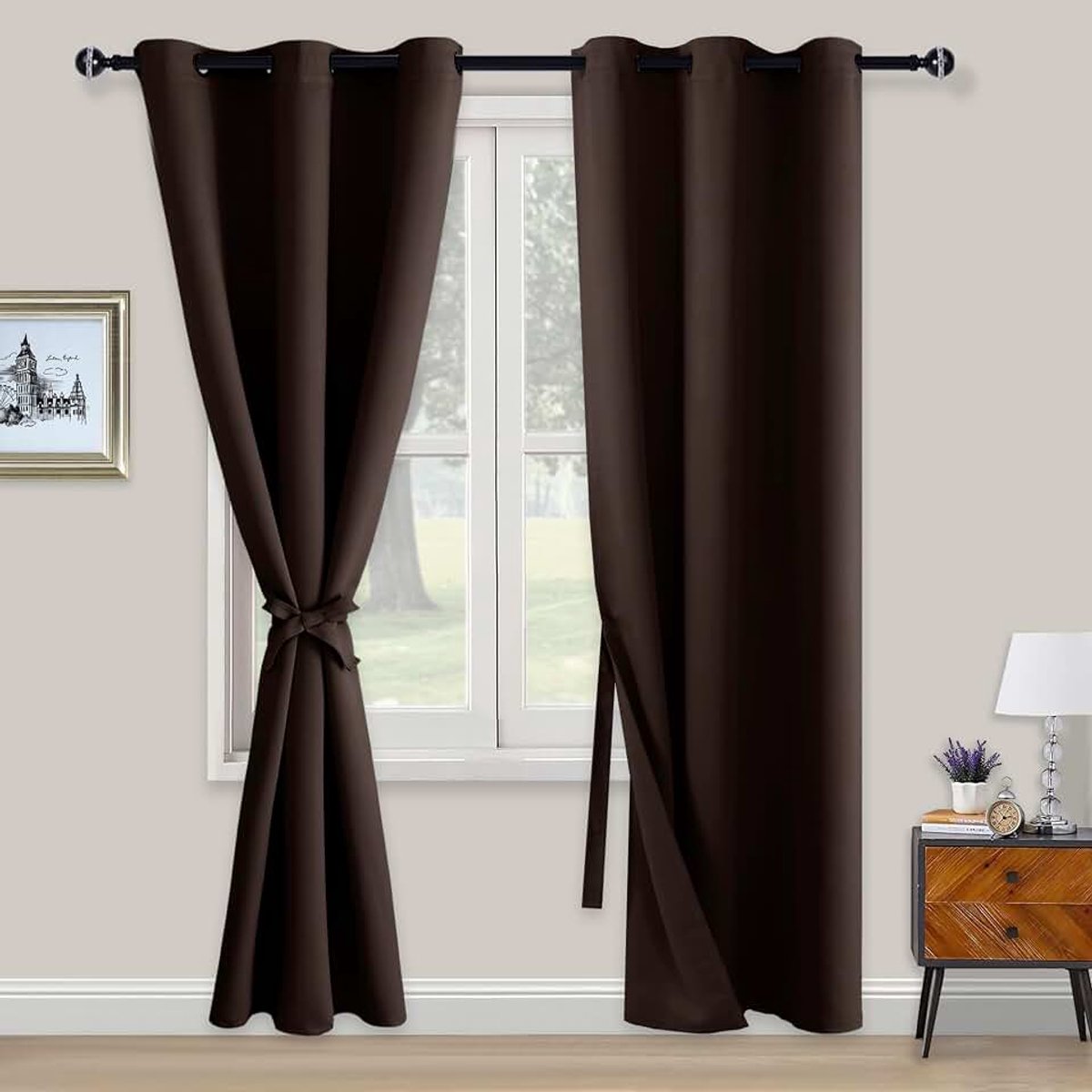 Ondoorzichtige gordijnen, verduisteringsgordijnen met ringen, 2 stuks, gordijnen met embrasses, ondoorzichtige gordijnen voor slaapkamer, woonkamer, kantoor, 229 x 117 cm, bruin