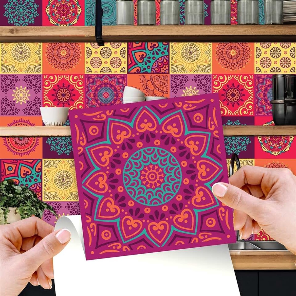 Tegelstickers Zelfklevende Tegels Schillen En Plakken Vinyl Decoratie Waterdicht Keukenvloer Badkamer Woonkamer Kast Kleurrijk Mandala 24 Stks 15 Cm Veelkleurig