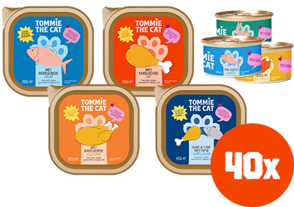 Tommie the Cat Tommie the Cat - 40 x 85gr - stukjes in saus, mousse & paté mix smaken - kattenvoer natvoer - voordeel verpakking - zonder suiker en graanvrij