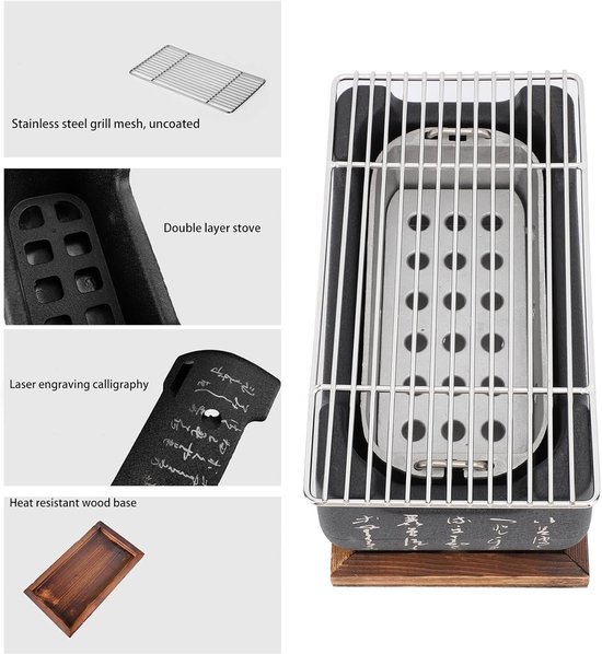Houtskoolgrill - Hibachi Grill Yakitori - Buiten Koken - Gelijkmatige Warmte - 26 x 15 x 14 cm - Zwart — afbeelding 4