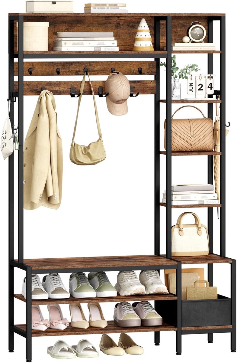 Hzuaneri Kapstok met Schoenenbank, Kapstok, Hall Tree, 1 Stoffen Mand, 15 Haken, 8 Open Opbergvakken, voor Gangen en Woonkamers, 40 x 120 x 190,5 cm, Bruin en Zwart, Garderobe, 1 stoffen mand, 8 open vakken, voor entree, woonkamer, slaapkamer