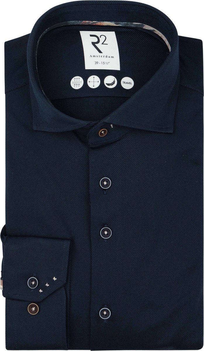 R2 Overhemd Knitted Dobby Donkerblauw (navy) - Maat 43 - Heren - Overhemden Formeel