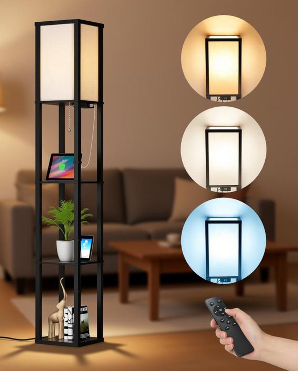 Dimbare LED Vloerlamp Hout met Afstandsbediening, 3 Planken, 2 USB Oplaadpoorten, 3 Kleurtemperaturen E27.