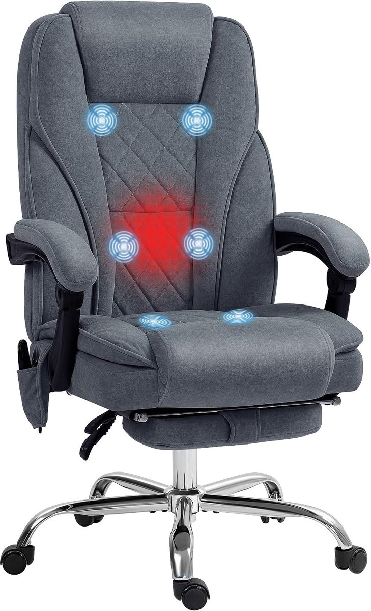Massage- en verwarmde bureaustoel, ergonomische stoel met verstelbare hoogte, kantelbare rugleuning, bekabeld, voetensteun, 360 graden draaibaar, grijs