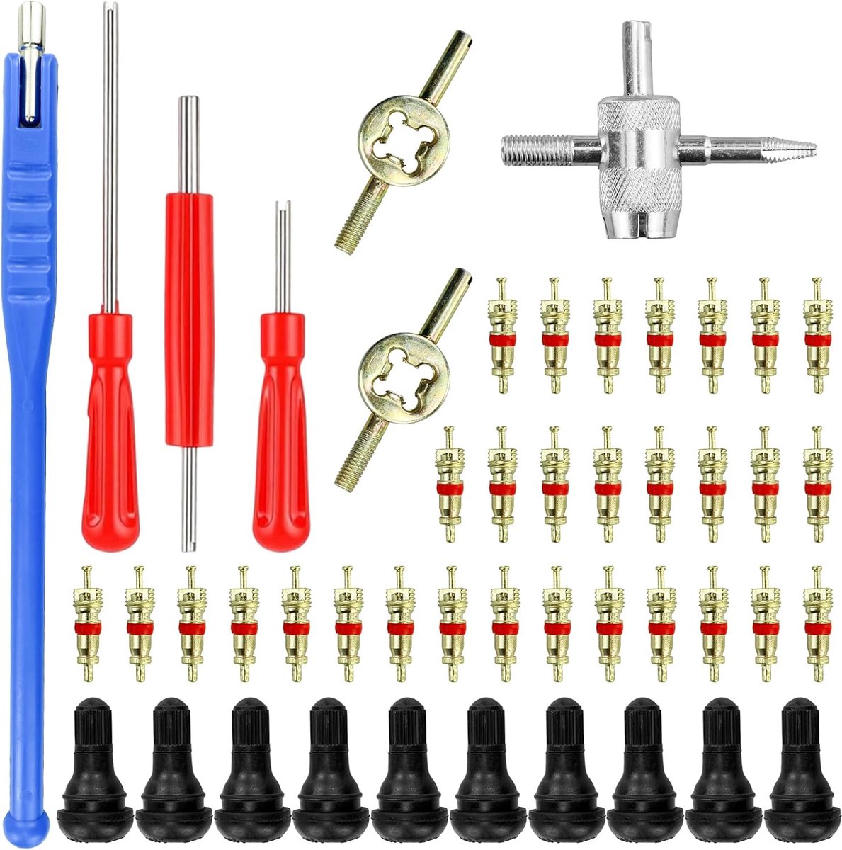 47 stuks bandenventielschacht intrekgereedschap, Tyre Valve Core Tool Set, autoventieladapter, ventieldoppen ventielinzetstuk TR412, ventielintrekker heffen, reparatiegereedschapsset