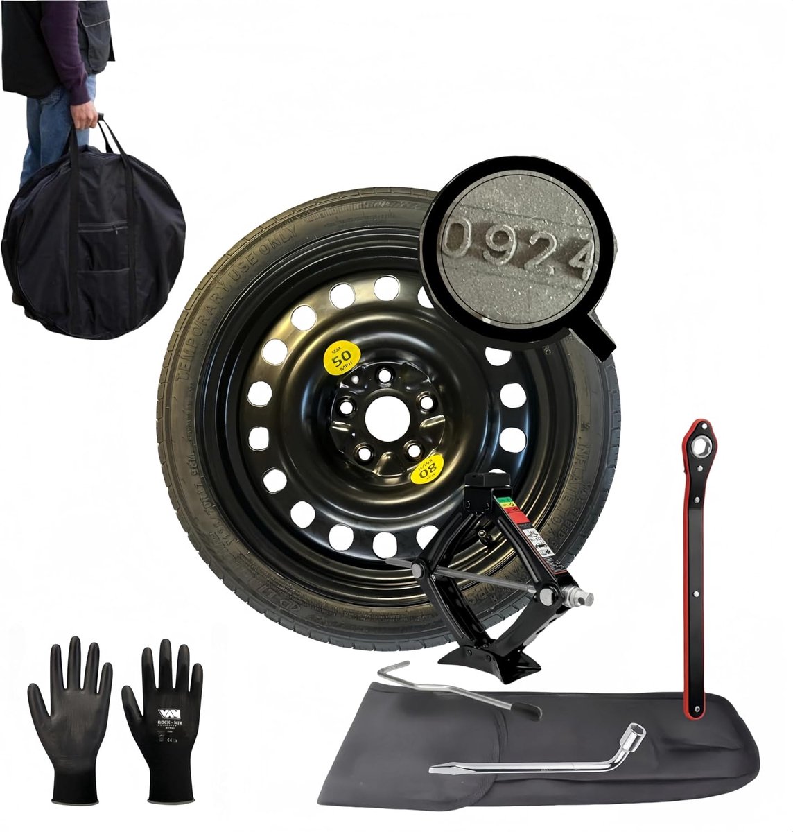 Reservewielset, 16 inch, compatibel met Tesla Model Y met krik, sleutels, handschoenen en tas 145/80r19 Continental