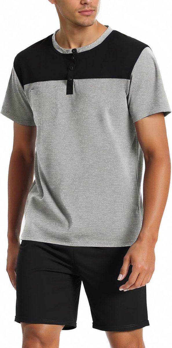Zomerpyjama voor heren, zomer, katoen, zomerpyjama, korte mouwen en tweedelige shorts, licht en zacht, met zakken