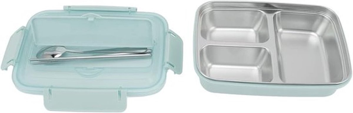 Roestvrijstalen lunchbox met 3 compartimenten en lekvrije voedselcontainer - Inclusief lepel en eetstokjes - Voor kantoor, school, camping - Blauw.