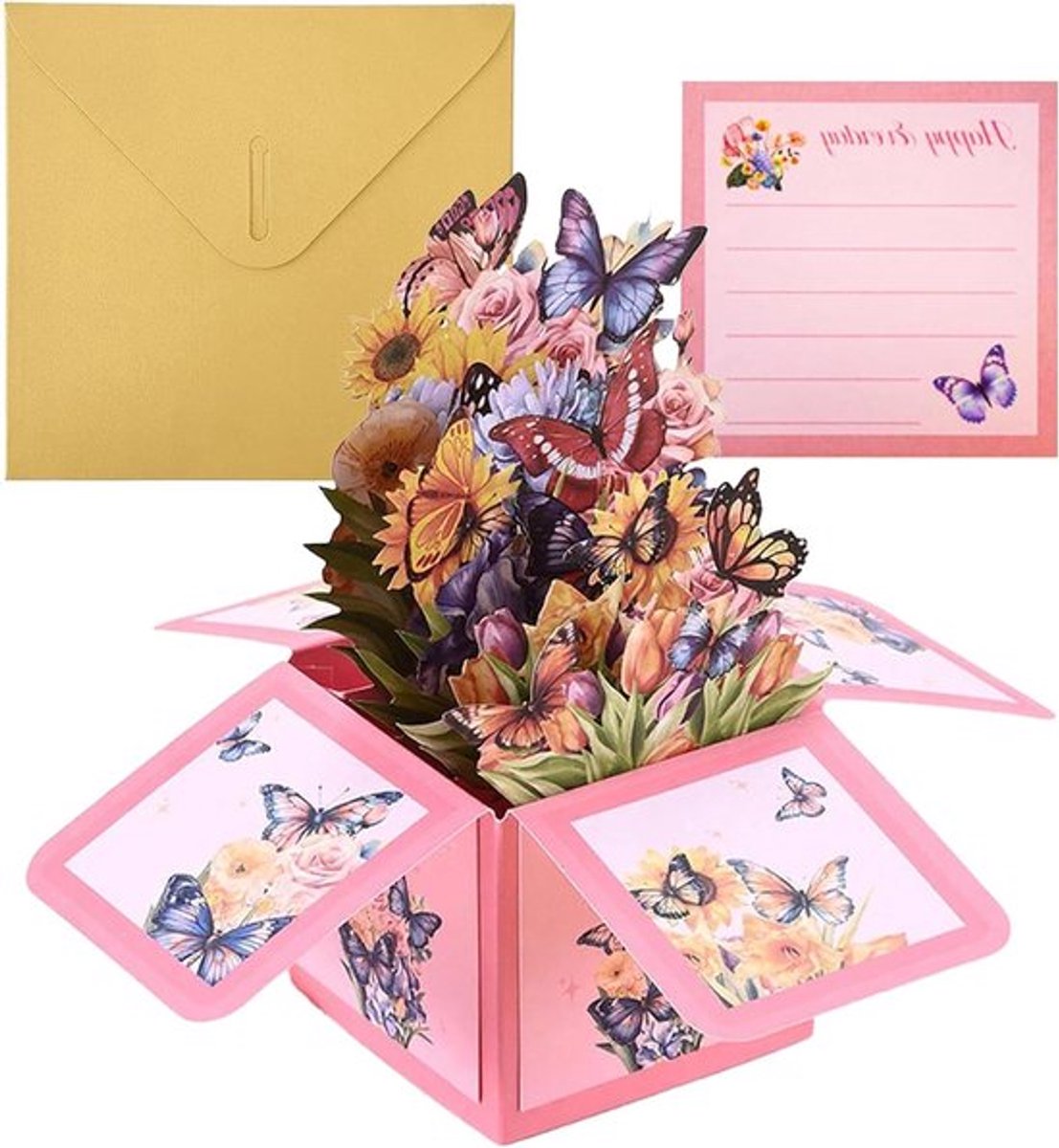 Verjaardagskaarten Vlinder Bloem Roze Geschenkdoos 3D Pop-up Happy Birthdaies Kaarten - Vrouw Moeder Feestelijke Wenskaart