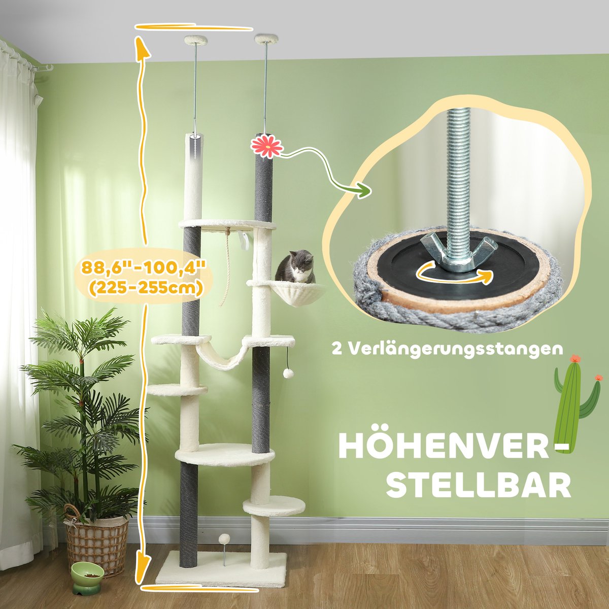 DESMIU Krabpaal – Verstelbare Hoogte 225-255 Cm – Polyester – Wit – Deckenhoog Krabmeubel Voor 1-2 Katten Met Hangmatten En Speelballen