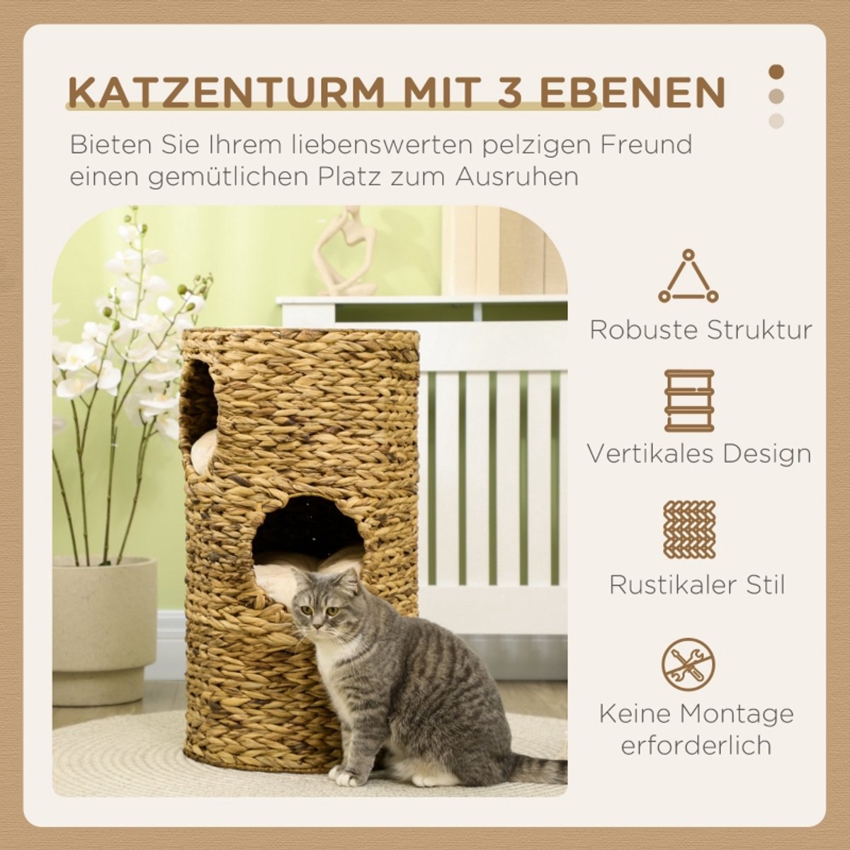 DESMIU Krabton – 3 Niveaus Met 3 Kattenholtes – Ø40 x 73 cm – Waterhyacint En Metaal – Bruin En Crèmewit – Met Uitneembare Kussens