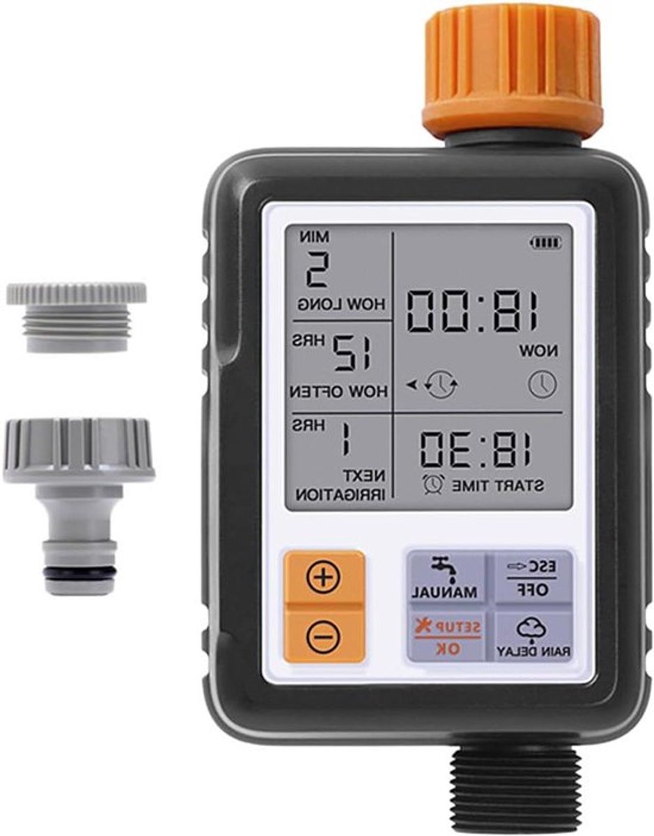 Tuinbewateringstimer met bewateringsvertraging en slimme irrigatiecontrole voor efficiënte tuinbesproeiing.