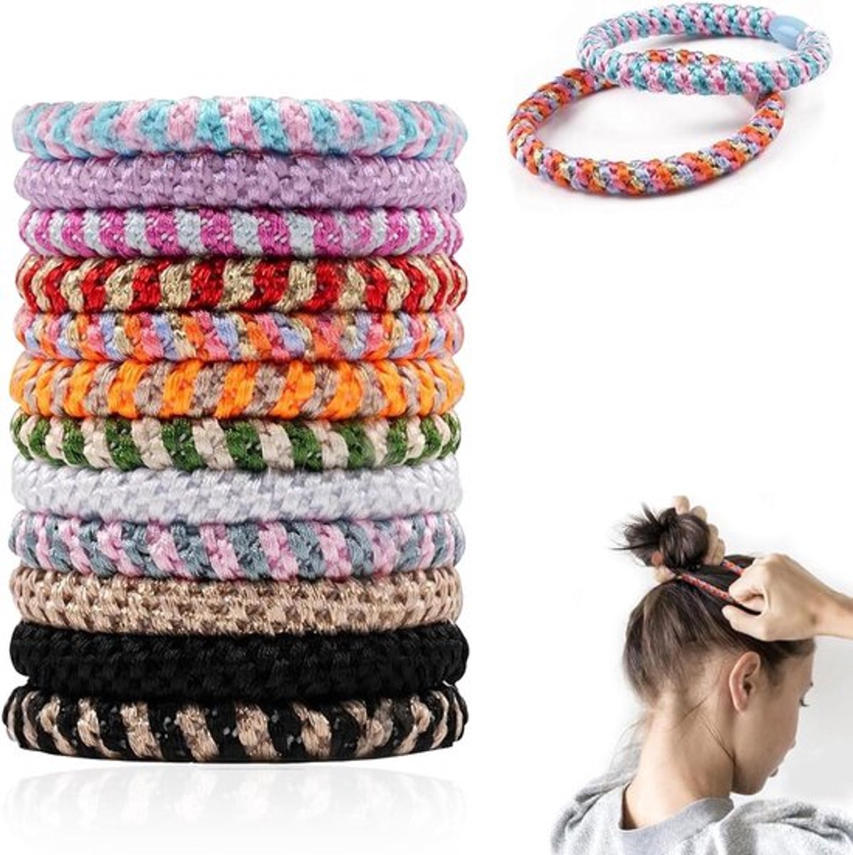 12-pack Elastieken voor Dames en Meisjes - Boho Elastieken Set voor Dik, Zwaar en Krullend Haar