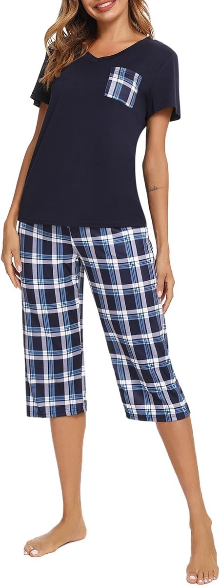 Damespyjama, katoen, tweedelige nachtkleding, V-hals, pyjama met knoopsluiting en borstzak.