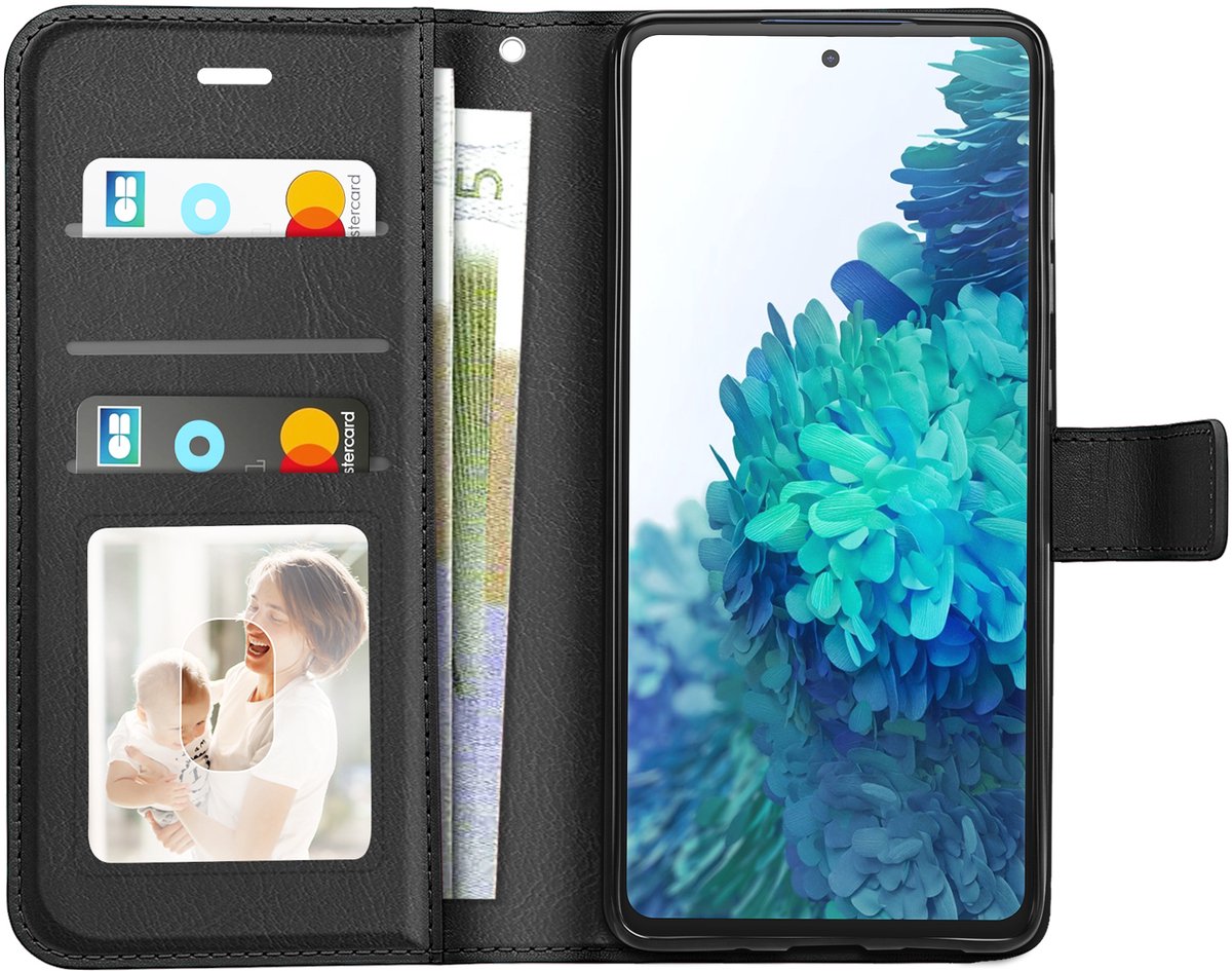 Mayaxess, Portemonnee Hoesje Geschikt voor Samsung Galaxy S20 FE met Polsbandje en Standaard, Zwart