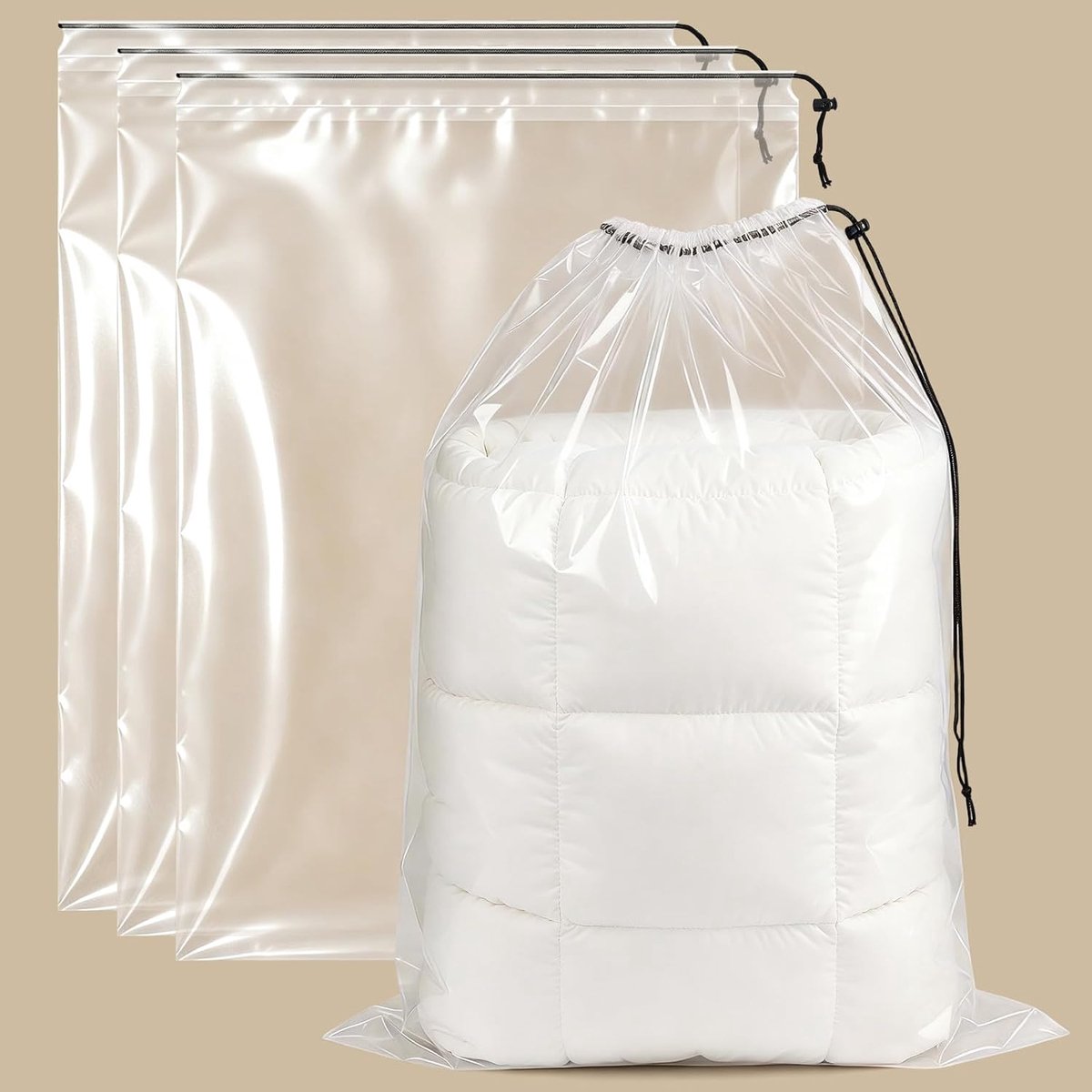 4 Stuks 70 x 100cm Extra Grote Doorzichtige Plastic Opbergzakken | met Trekkoord, Gigantische Opbergzakken voor Koffer, Herbruikbaar en Stofdicht, voor Kussens, Dekbedden, Bagage, Meubels