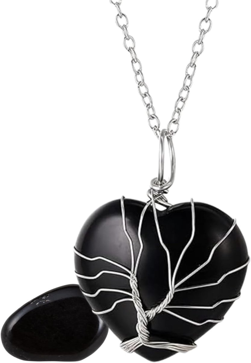 Kristal Steen Dames Ketting Natuurlijke Maansteen/Roze Kwarts/Amethist Kwarts/Obsidiaan/Jade Geplatineerde Messingdraad Handgemaakte Kronkelende Levensboom Maan/Hart Hanger Ketting 50cm