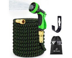 MD-Goods® Uitrekbare Tuinslang Flexibel - 5 tot 15 Meter - Sproeikop met Elastische Waterslang - Messing Koppelstuk - Sproeikop, Koppeling Sproeier, Ophang haak, Spuit slang & Opbergtas - Sproeipistool met sterke Aansluiting - Zwart / Groen