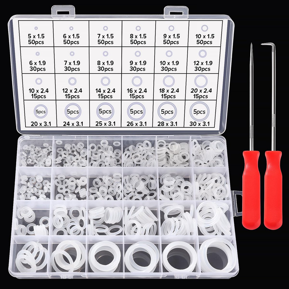 Afdichtringen Set, Siliconen O-Ring Assortimentset met Haak en Pick, voor Loodgietersring Afdichting & Auto Snelle Repai, Wit