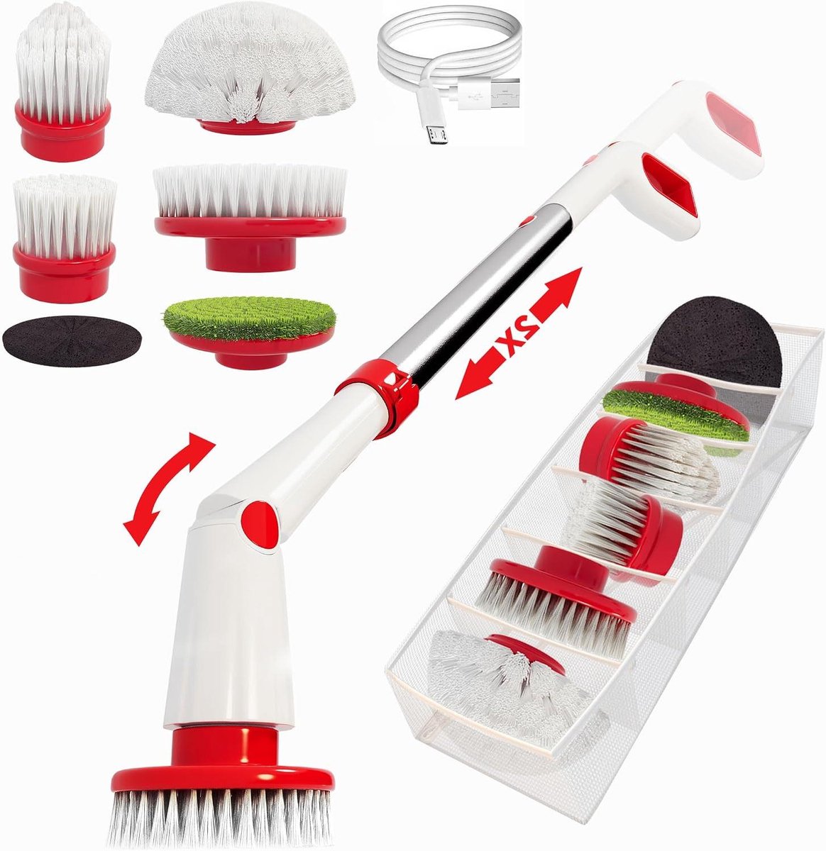 Elektrische Schrobber - Boenmachine - Badkamer Reinigen - Verstelbare Snelheid - 71 cm - Rood