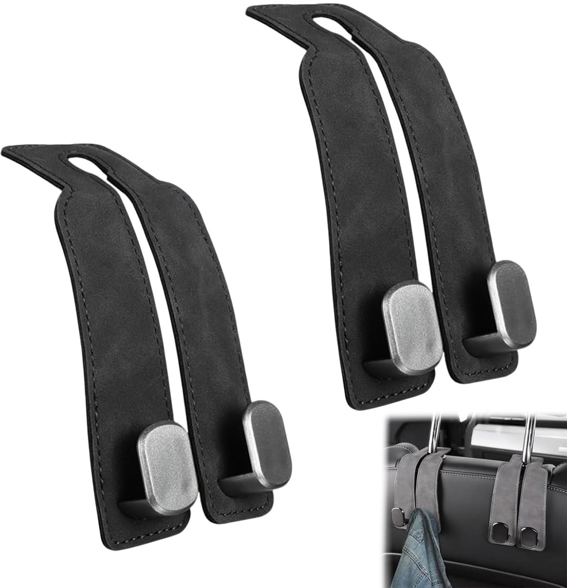 2 Auto Hoofdsteun Haken met Dubbel Haakontwerp en Telefoonhouder, Lederen Organizer voor Autostoel, Universele Opberghaak voor Tas Hoed Paraplu en Handtas in Zwart