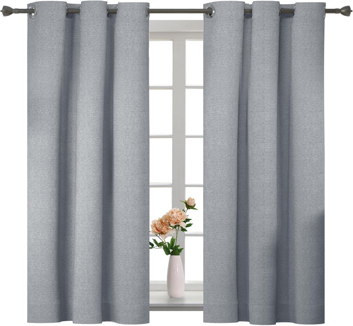 100% Verduisterend Linnen Effect Gordijnen Set Van 2, 117x137cm, Thermisch Isolerend Koud En Warm Gordijn Met Ringen, Thermogordijnen Voor Slaapkamer Woonkamer, Lichtgrijs