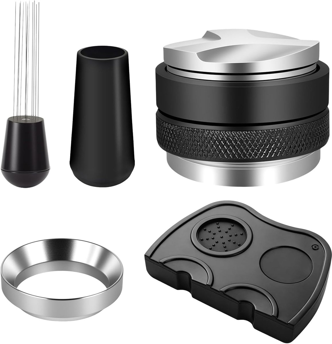 Accessoireset met zeefhouder, 51 mm, barista-accessoireset met tamper, doseerring 51 mm, 12-naalden, WDT tool (0,35 mm), koffiedistributeur en siliconen tampermat, barista tamperset voor cafés en