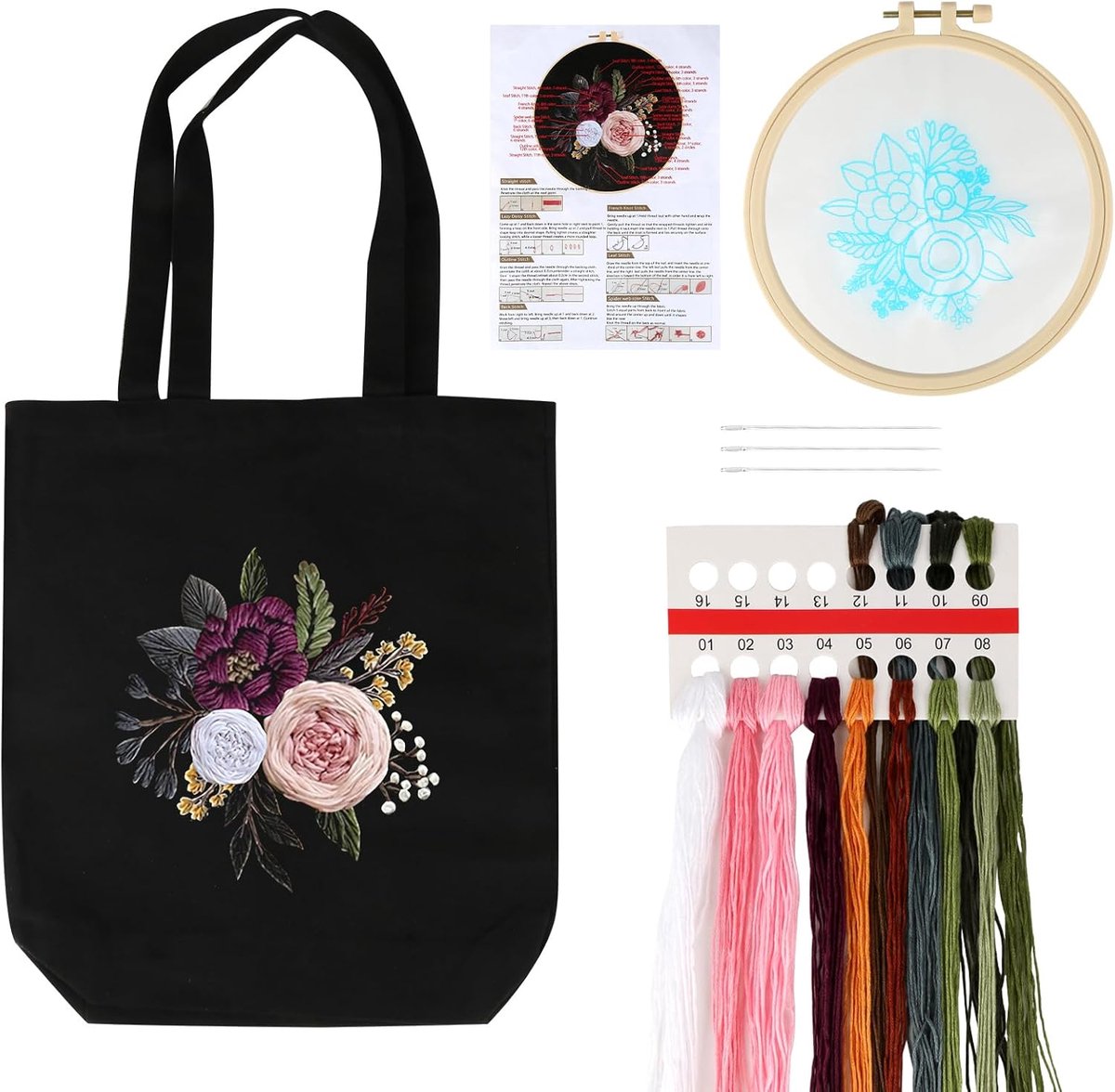 Borduurset voor Volwassenen, Borduurkit, Borduurset voor Beginners, Creatieve Set voor Volwassenen, Inclusief Canvas Tas met Bloemmotief, Instructies, Borduurring, Kleurdraden en Naald