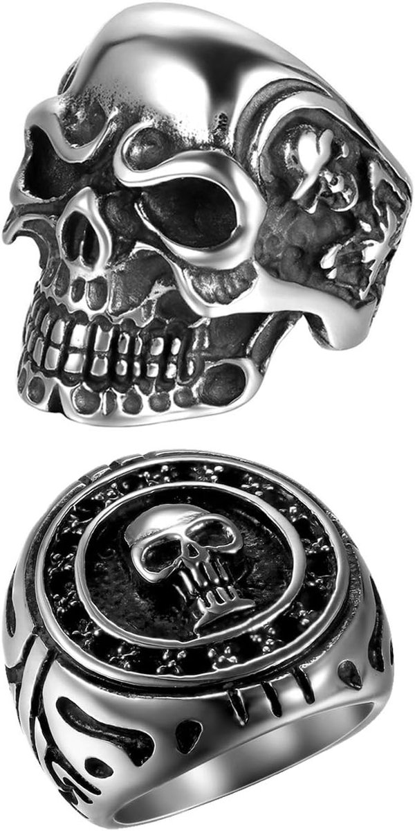 2 stuks roestvrijstalen ring voor mannen en jongens, skull bikerring, zilver/zwart, retro charm punk rock schedel, herenring, roestvrij stalen ring, bandring, ringmaten 57 (18,1) tot 76 (24,2)