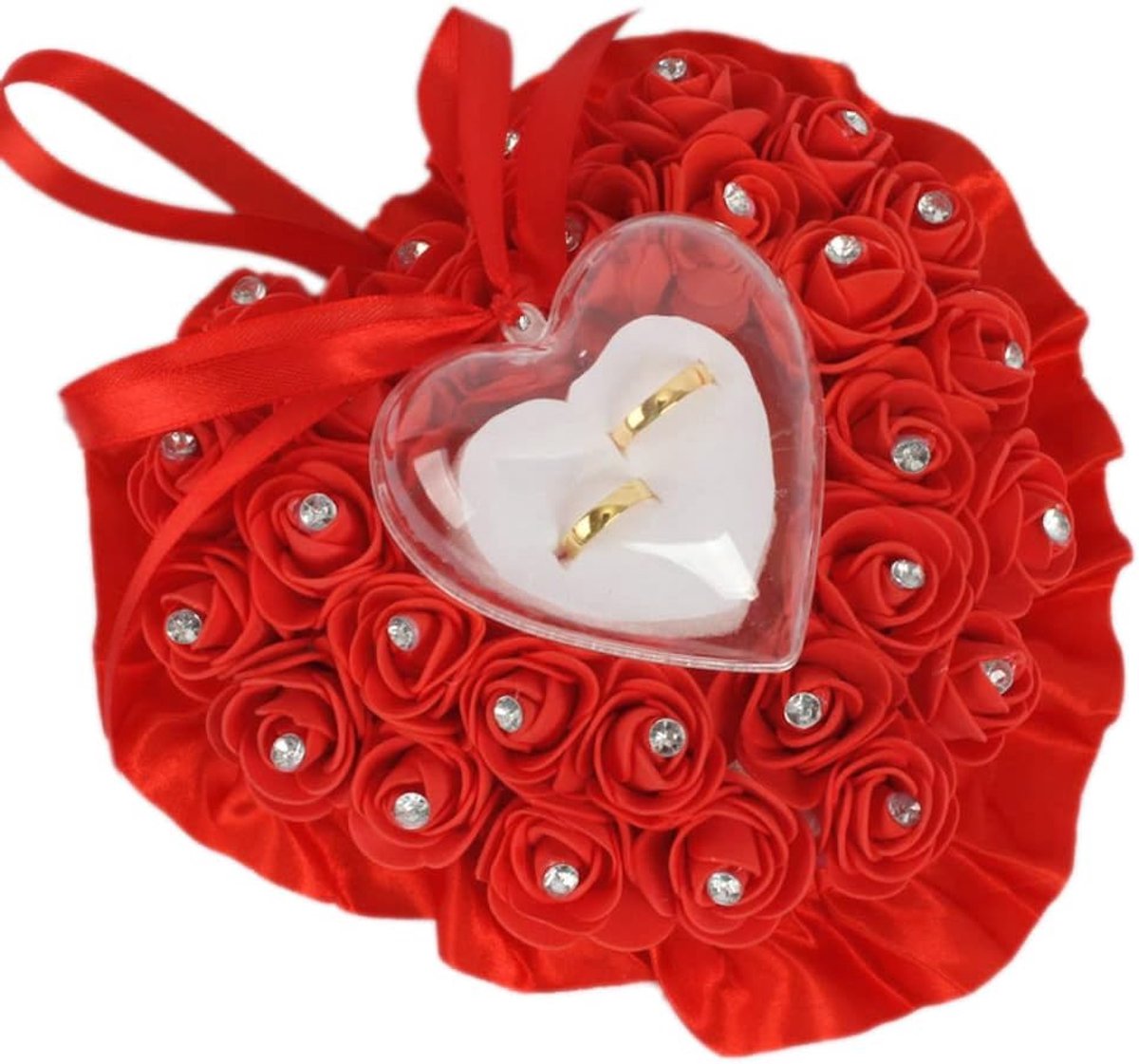 Ringkussen voor bruiloft, ringkussen, gastgeschenk, ringbox, bruiloft, ringbox, bruiloftsringkussen, romantische rozen-hartvorm, bruiloftsringkussen, geschenkhouder, decoratie, 18 x 19 cm, rood