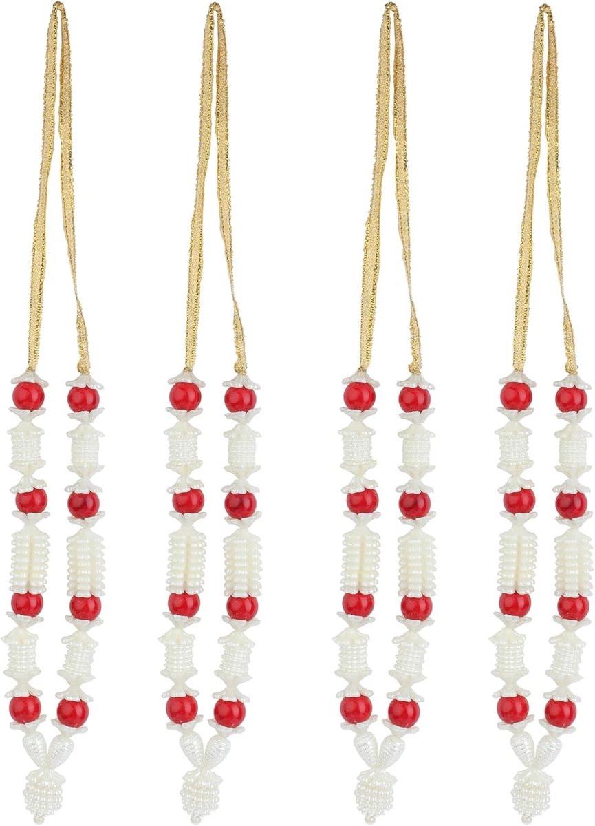 Set of 4 Mala Artificial Beads Ribbon Garland, Mala Pooja Sringar Articles Ornament Indian Traditional Festival Holi Decorations Home Decor for God Frame Housewarming(Size:-5" Inches)(Red,White)