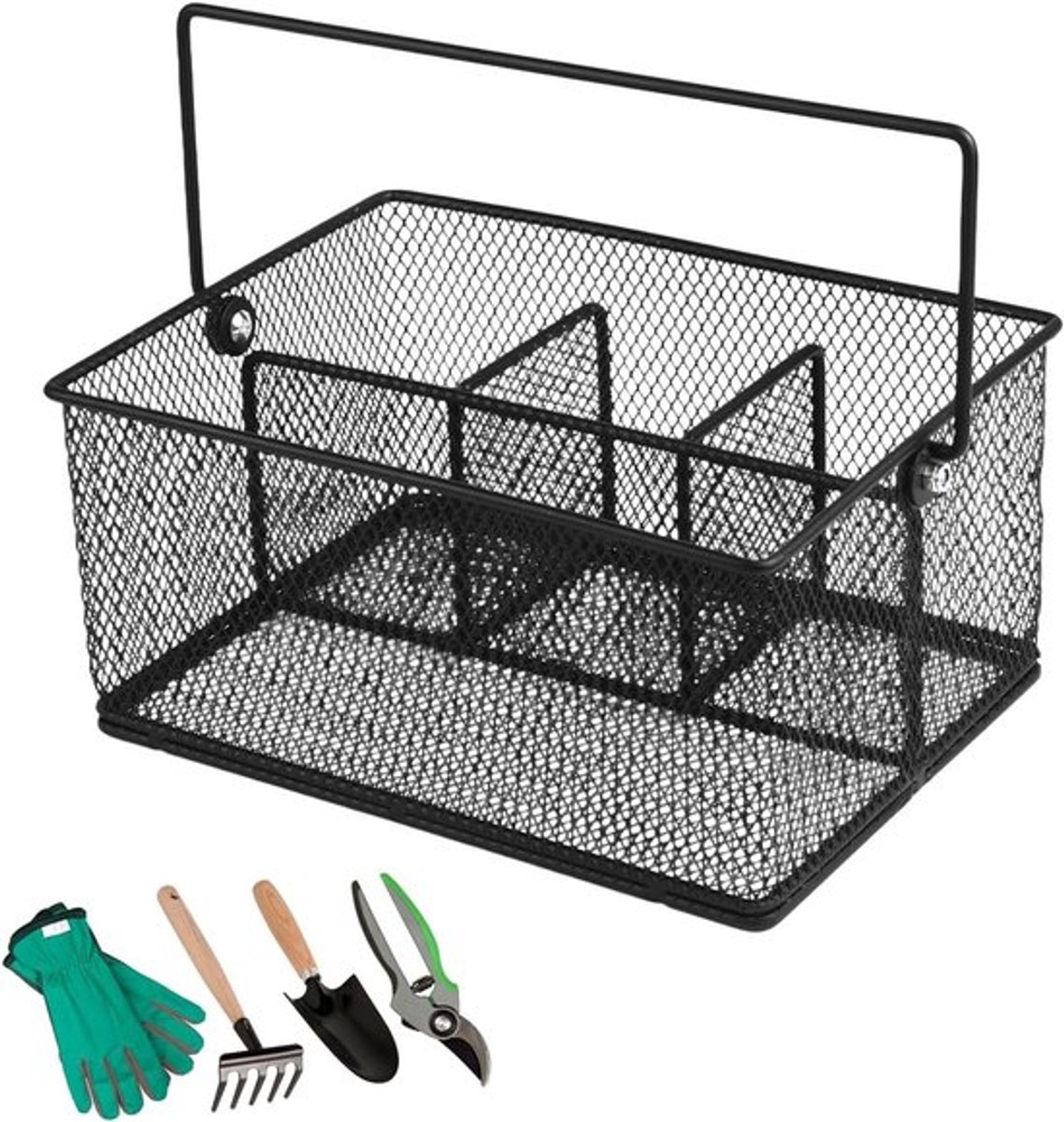 Robuuste Tuin Gereedschap Mand van Koolstofstaal met 4 Compartimenten en Gaasontwerp, Draagbaar en Weerbestendig - Tuin Gereedschap Organizer met Handvat voor Efficiënte Opslag