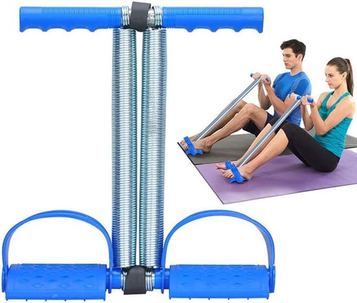 Blauwe elastische zitunit, trekkoord dubbele veerspanning voetpedaal zitunit geschikt voor buik, beentrainer, buikspiertrimmer, sportfitness, afslanktraining, bodybuilding, thuisgym