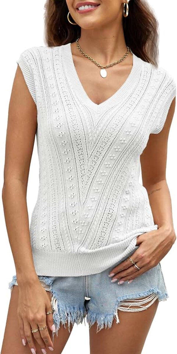 Damestop zomer V-hals met vleugelmouwen vest casual lichtgewicht gehaakt trui vest mouwloos ademend modieus shirt basic