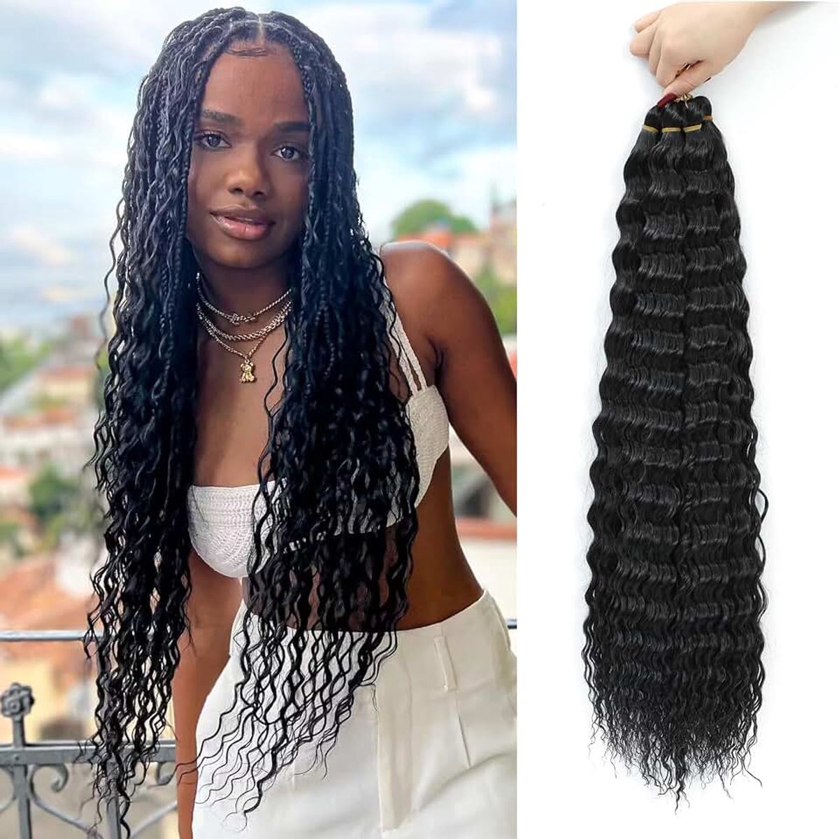 Wave cheveux Hair Extensions Deep Wave Flechten Haak Haar Zachte Synthetische Krullend Flechten Haak Haar voor Zwarte Vrouwen (1B, 22 inch (pack of 6）)