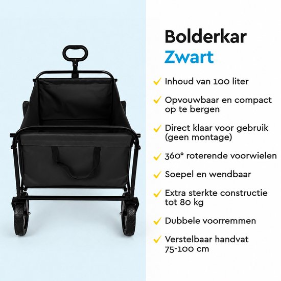 BRASQ Bolderkar Opvouwbaar Zwart - Bolderwagen met stevig frame - Draaibare wielen - Verstelbare hendel - 80 KG Draagkracht van BRASQ — afbeelding 3