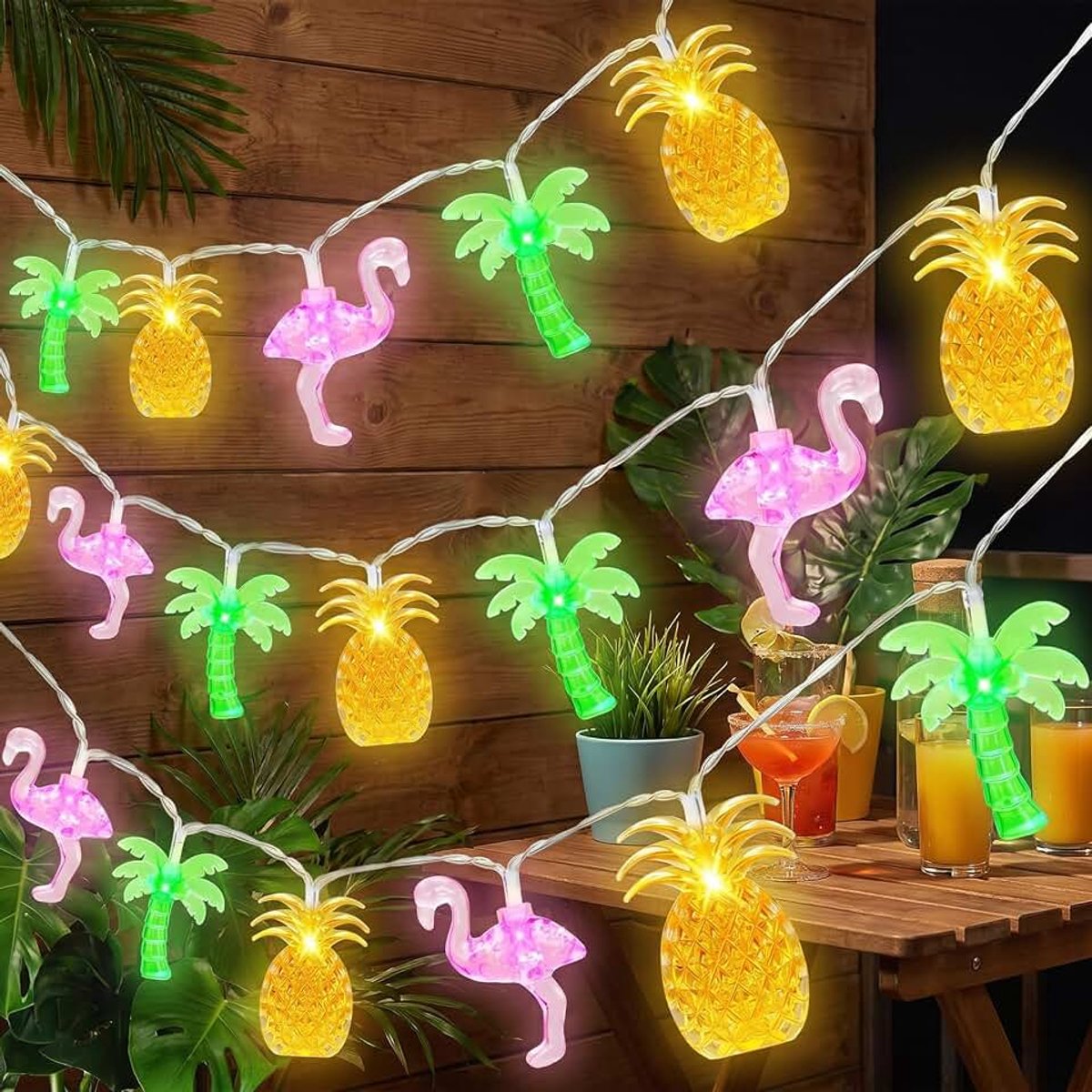 Led-lichtsnoer met flamingo, ananas en palmen, 6 m, 40 leds, werkt op batterijen, tropisch design, decoratieve verlichting