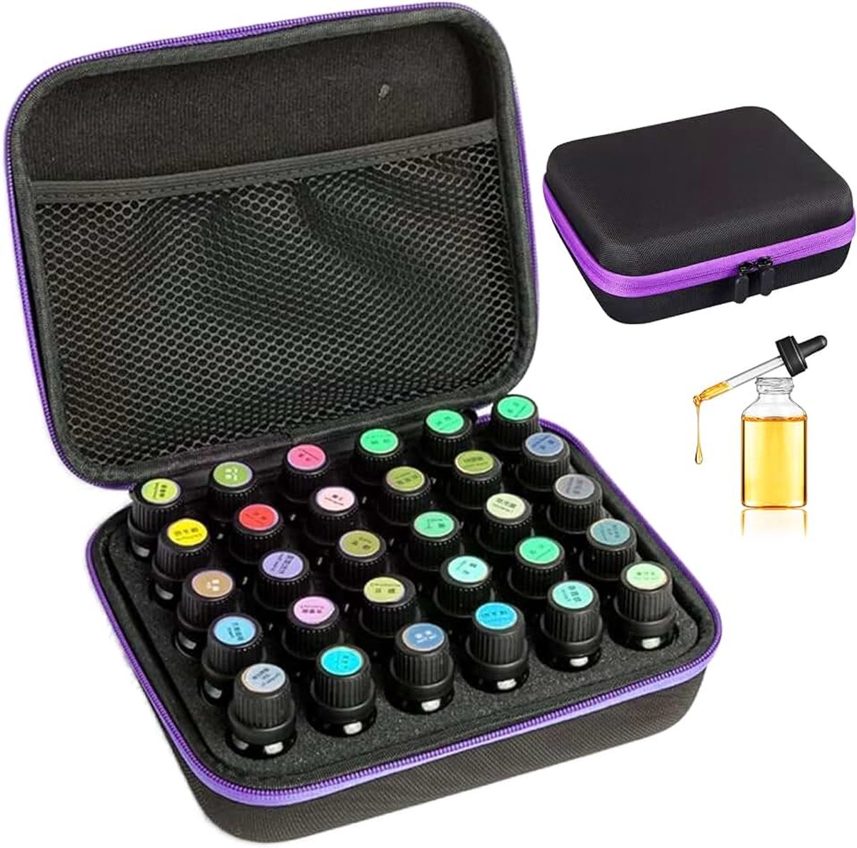Opbergdoos voor etherische oliën, 30 vakken, EVA-tas voor reizen, voor flessen van 5 ml, 10 ml, 15 ml, Paars, Essential Oil Storage Bag